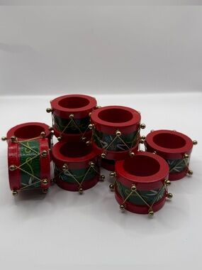 Vintage Christmas Drum Wooden Napkin Holders, Set of 9